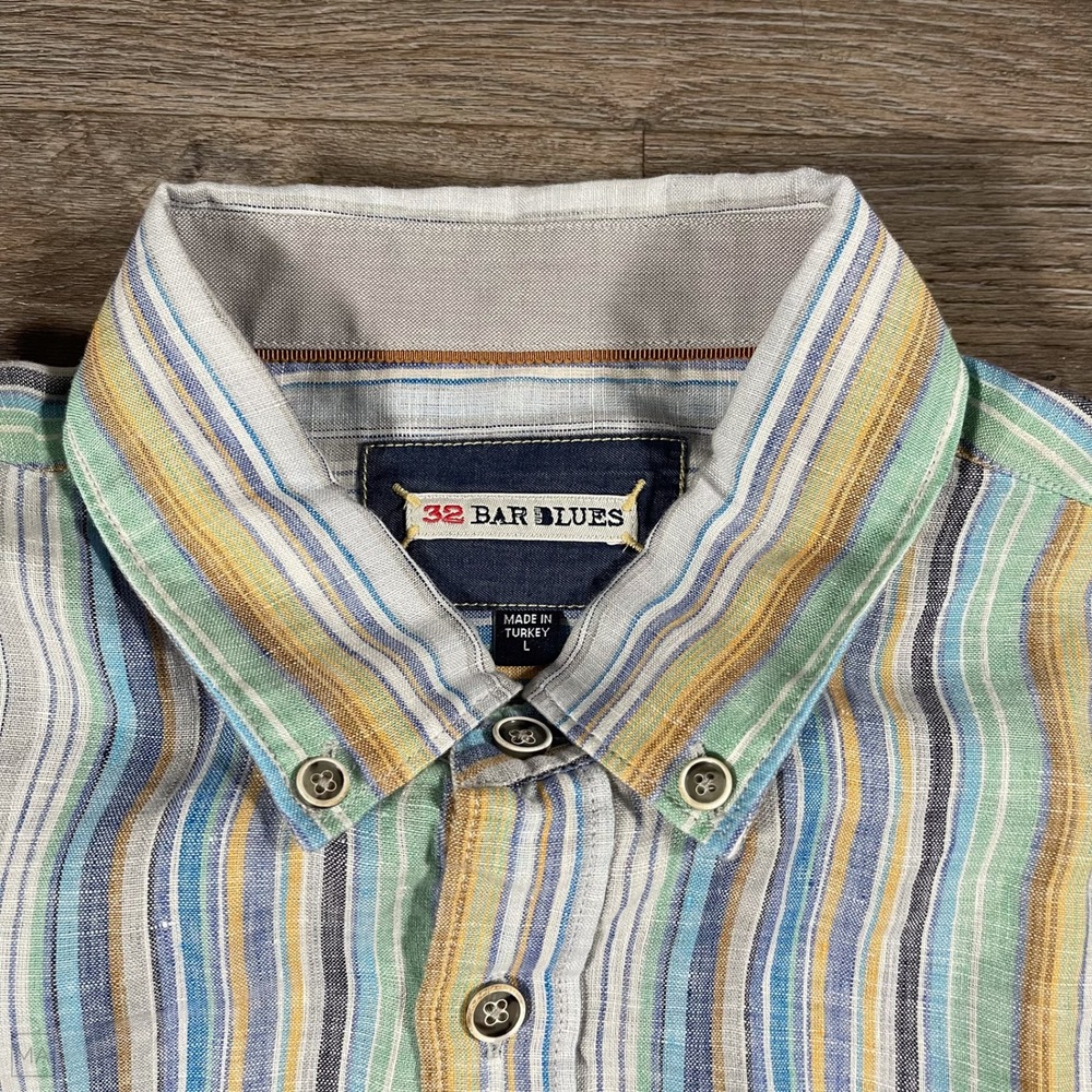 32 Bar Blues‎ Men's Button Down Shirt 100% Linen Stripes Casual L Multi - Picture 2 of 7